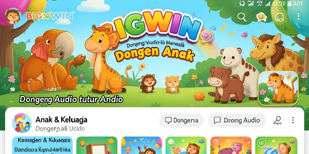 Tampilan antarmuka aplikasi BIGWIN yang ramah anak dengan berbagai pilihan dongeng audio.